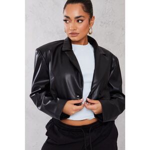 Pretty Little Things Black Boxy Faux Leather Cropped Blazer Size 4 New